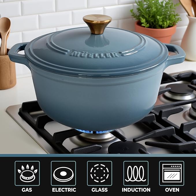 Cast Iron Pot Dutch Oven, Heavy-Duty, Oven-Safe up to 500° F & Across All Cooktops, Bread Pan with Lid & Knob, Cast Iron Cookware, Blue Kitchen Accessories, Mineral Blue