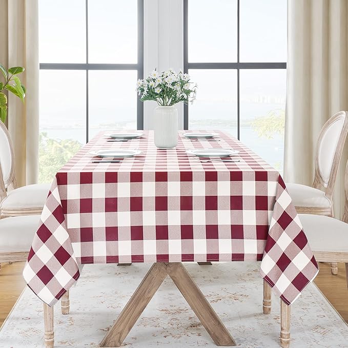 Softalker Gingham Checkered Square Tablecloth - Waterproof Buffalo Plaid Table Cloth Stain Resistant Washable Table Cover for Picnic/Camping/Outdoor - Burgundy and White, 54 x 54 Inch