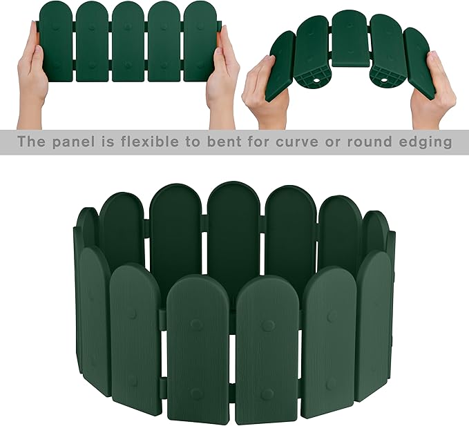 Evelyne Garden Border Edging: Wooden Fence Design - 16pcs Green Yard Landscaping Fence Liner Lawn Edge Barrier - 20ft Kit of Decorative Lawn Landscape Panels Elements -Landscaping Edging-GMT-10374-B16