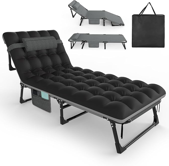 Slendor Folding Camping Cot for Adults, 5 Positions Adjustable Outdoor Bed, Lounge Chair, 1200D Layer Oxford Travel Cot With Mattress, Storage Bag, Black W/Gray Pad