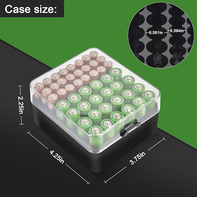 ALCYON Battery Organizer Storage Case, Battery Vault Box Container for 48pcs AA AAA Batteries, Plastic Clear Protective Battery Holder for Travelling/Home/Office (Black, Medium)