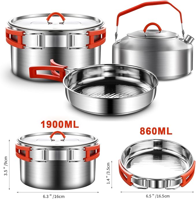 304 Stainless Steel Camping Cookware Set - Mess Kit with Pots, Pans, Kettle, Plates, Forks, Knives, Spoons for 2 People, Perfect for Camping, Picnic, RVs