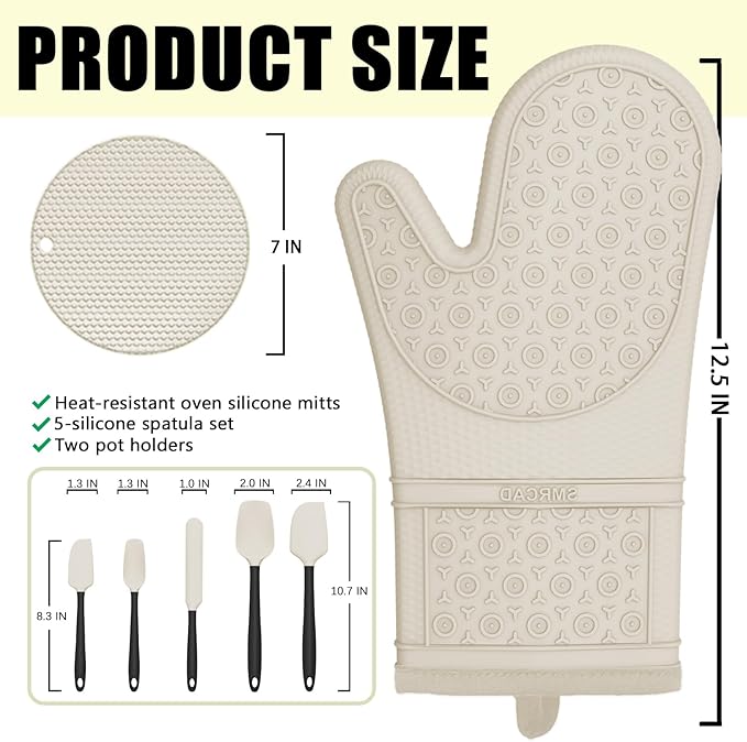 Oven Mitts with Heat-Resistant Hot Pads and Five Silicone Spatulas Designed for Kitchen Baking Cooking, Oven Glove Soft Cotton Lining, Waterproof, BPA-Free (Beige, 12.6)