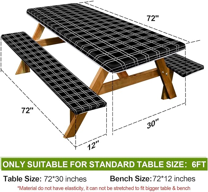 Picnic Table Cover with Bench Covers Camping Essentials Waterproof Windproof Camping Tablecloth with Drawstring Bag, Fitted Rectangle Tables and Seats, 72in, Black Checkered
