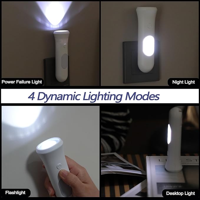 4 in 1 Emergency Lights for Home Power Failure, 2 Pcs Rechargeable LED Flashlight Plug in Wall, Automatic Turn-On Power Outage Night Light Flashlight for Hurricane Preparedness Items, White