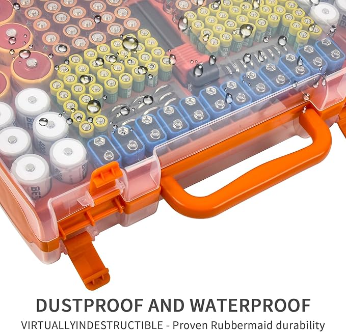 Battery Organizer Storage Holder Box Case with Tester- 269 Batteries Double-Sided Variety Pack, Holds AA AAA 4A C D Cell 9V 3V Lithium LR44 CR2 CR123 CR1632 18650 Button- Orange (Box Only)
