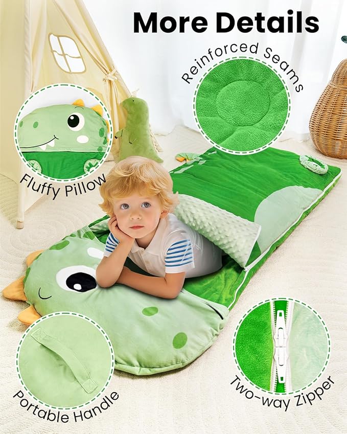 Primlect Kids Sleeping Bag with Pillow, Larger Toddler Nap Mat, Plush Slumber Bag for Boys Girls Daycare Preschool Kindergarten Birthday Gift Travel Sleepover Ages 3-6 Years