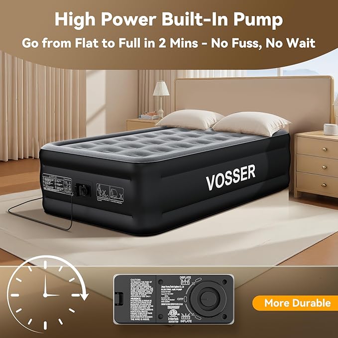 Air Mattress Twin with Built in Pump,18” Raised Blow Up Mattress,Inflatable Mattress in 2 Mins,Single Twin Size Air Mattress for Home,Floor&Camping, Air Bed for Adults,330LB Max,Black