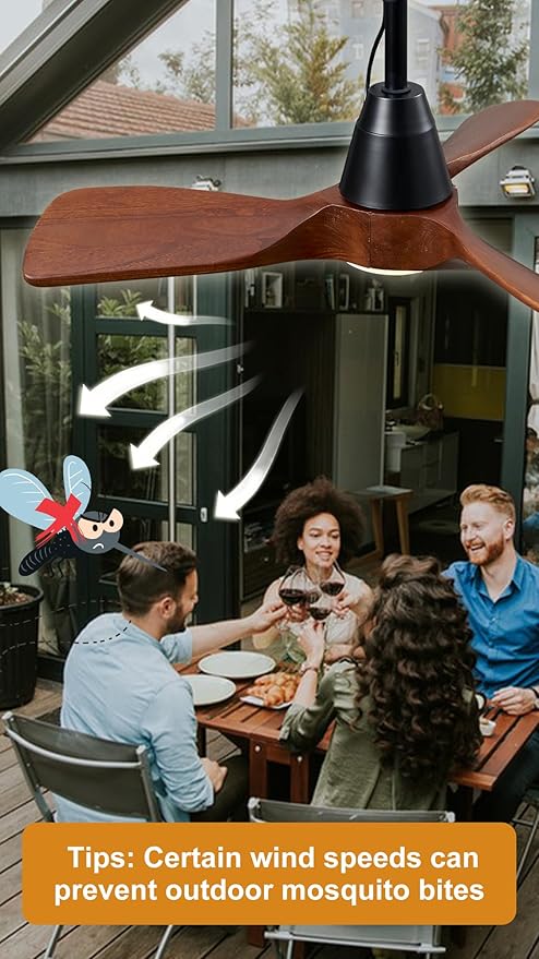 3 Blades Wood Outdoor Ceiling Fan with Light for Patios, Farmhouse Rustic Ceiling Fans with Lights, 34" Plug-in Wet Rated Outdoor Gazebo Fan with Light for Exterior House Porch Patio, Waterproof,F248