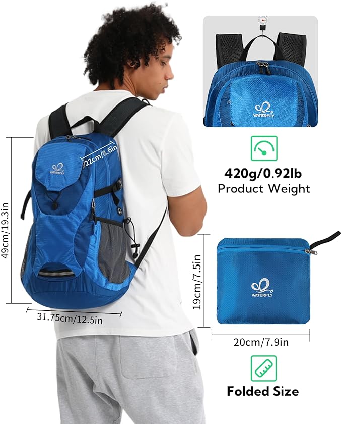 WATERFLY Lightweight Packable Hiking Backpack: 30L Foldable Travel Daypack Ultralight Camping Day Pack for Woman Man
