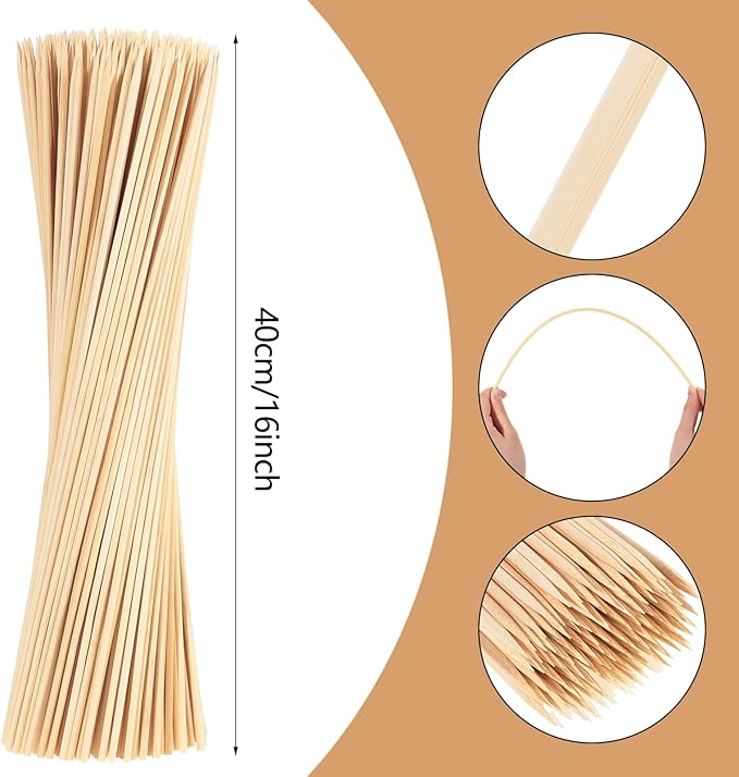 300PCS 16" Bamboo Skewers Sticks for Barbecue Smores Roasting Marshmallows Chocolate Fountain Plant Stakes Fruit and Crafting,Φ=4mm