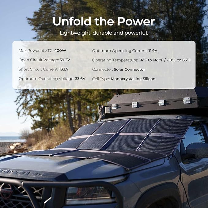 Renogy 400 Watt Solar Panel Blanket, N-Type Portable Foldable Solar Panels 25% High Efficiency, Lightweight 16-Fold Space-Save, Fast Setup for Camping, RV, SUV, Pickup Truck, Marine, Off-Grid Outdoor
