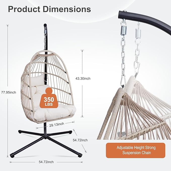 Foldable Hanging Egg Chair with Stand, HDPE Rattan and Heavy Duty Aluminum-Steel Frame, Outdoor Patio Wicker Swing Egg Chair with Headrest and Cushioned, 350 Lbs Capacity (Beige)