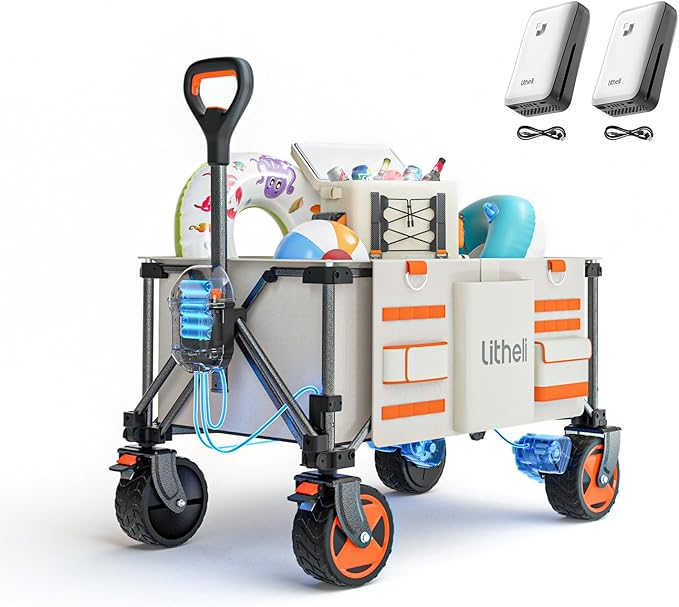 Litheli Electric Utility Wagon Cart, 200L Capacity, 300 lbs Load, Foldable Heavy-Duty Design with All-Terrain Wheels, Variable Speed Drive & Battery Power for Camping, Beach, Garden & Shopping