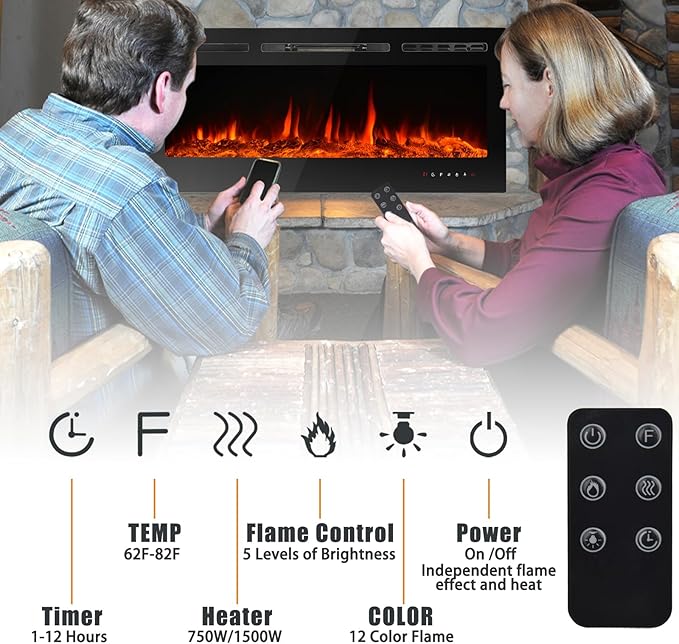CharaVector 60 inch 750W/1500W Electric Fireplace Inserts with Remote Control in Wall Mounted, Energy Saving LED Insert Fireplace Heater Indoor Glass View with Remote Control & Touch Screen, Black