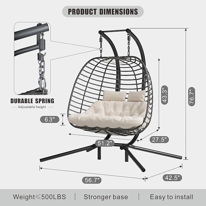 Double Hanging Egg Chair wth Stand, Patio Hammock Swing Chair with Cushion Loveseat for Bedroom, Balcony, Garden, Indoor, Outdoor, Beige