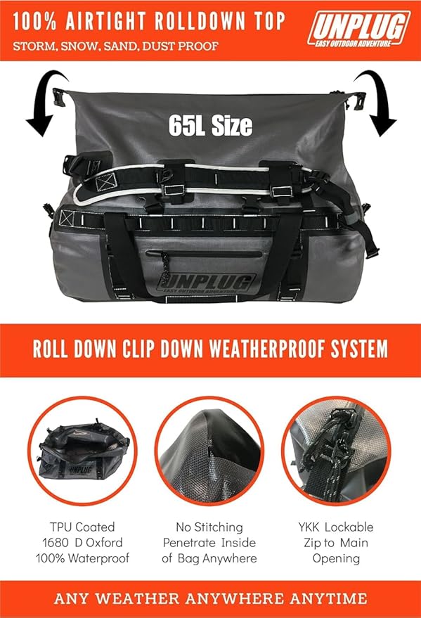 UNPLUG Ultimate Adventure Bag | 1680D Heavy Duty Waterproof Bag | Large Travel Duffle Bag which can be Used for Camping, Motorcycling, Boating, or Hunting