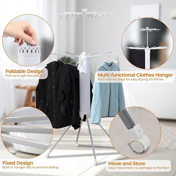 4-Legged Clothes Drying Rack Foldable,2 Tier Portable and Collapsible Space Saving Laundry Drying Rack with 4 Pulleys,Aluminum Dry Rack for Clothes