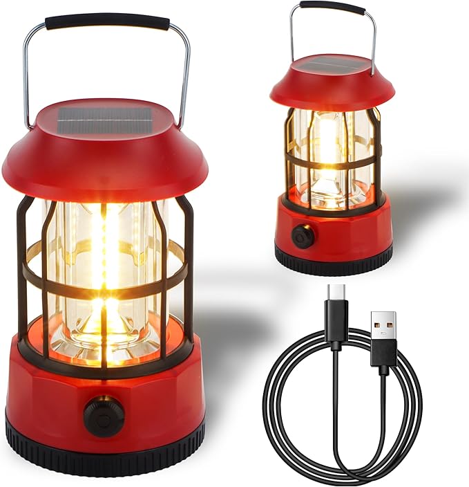 TRIROCKS Set of 2 LED Solar Camping Lantern Dimmable Rechargeable Lantern IPX3 Water-Resistant Portable Emergency Lights Outdoor Camping Lights for Camping Home Power Outage Hurricane Hiking (Red)