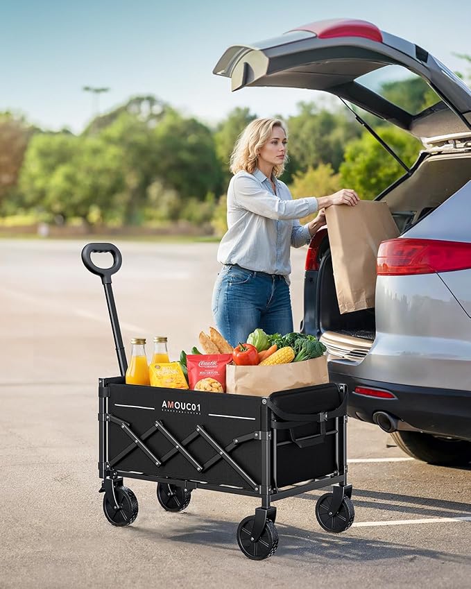 AMADA HOMEFURNISHING Wagon Cart Foldable, Collapsible Wagon Cart with 360 LBS Max Load & Expandable Storage, 90L Foldable Grocery Cart with 2 Cup Holders for Outdoor, Groceries, Garden & Camping