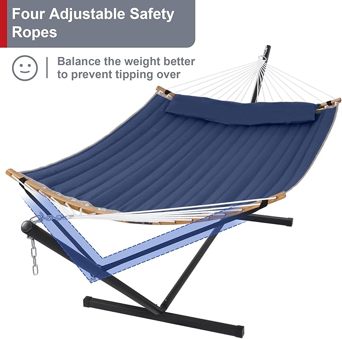 2 Person Hammock with Stand Included, Outdoor Hammock with Curved Spreader Bar, Pillow and Carrying Bag, 450 Lbs Capacity, Navy Blue