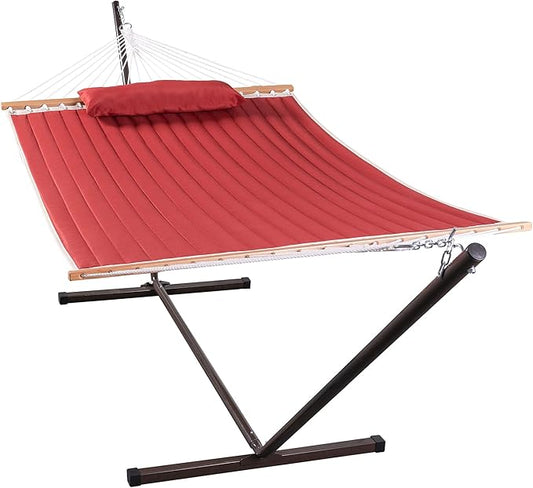 Lazy Daze Quilted Fabric Hammock with 12-Foot Stand, Double 2-Person Hammock with Pillow for Outdoor Outside Patio, Garden, Backyard, 450LB Capacity, Red