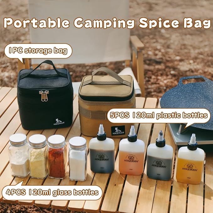 HIKEMAN Camping Portable Spice Set with 9 Containers - Pepper & Salt Shakers, Separable Storage Bag for Outdoor Travel, Camping, BBQ, Picnic