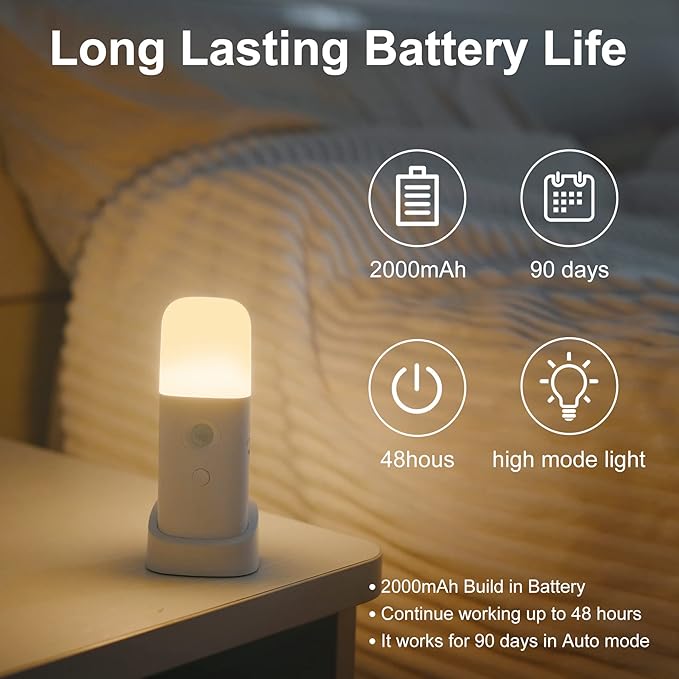 Motion Sensor Night Lights Indoor, Rechargeable Night Light Battery Powered, Portable Nightlight with Adjustable Brightness Activated Table Lamp for Kids, Adults(Warm Light, 4 Pack)