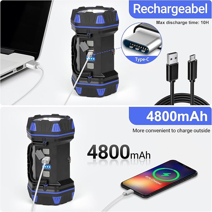 Led Camping Lantern Rechargeable, Camping Flashlight 1500LM, 8 Light Modes, Camping Lights 4800 Capacity, Portable Bright Flash Light for Emergencies, Power Outages, Hurricane, (Blue 2Pack)