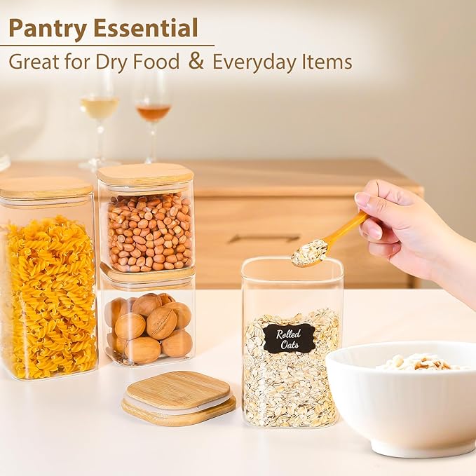 37oz Square Glass Storage Containers with Bamboo Lids – 4 Pack Clear Food Airtight Glass Jars for Pantry Organizers and Storage, Kitchen Dry Food, Coffee, Sugar, Flour, Snacks, Spices