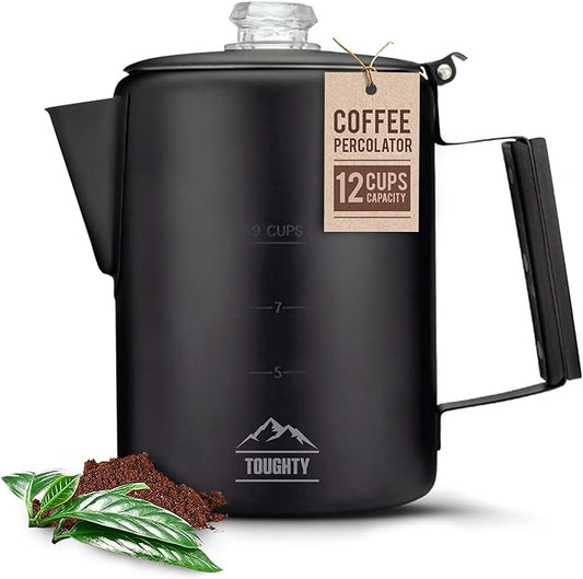 Toughty Yosemite Percolator Coffee Pot – Classic Coffee Percolator Stovetop for Camping & Home – Durable Stainless Steel - Gas, Electric & Induction Stoves – Old-Fashioned Cowboy-Style Pot – 12 Cups