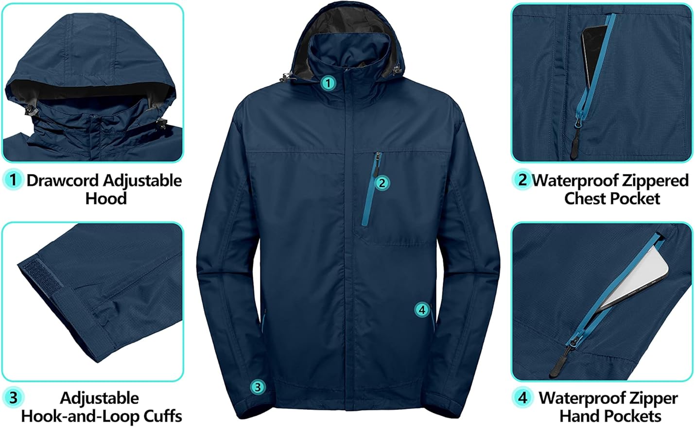 Little Donkey Andy Men's Waterproof Rain Jacket Outdoor Lightweight Hooded Raincoat for Hiking Golf Travel Fishing