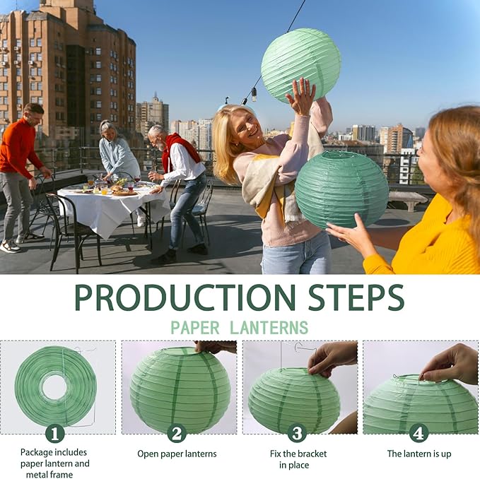 Paper Lanterns Decorative, Round Paper Lanterns Decorations Sage Green/Forest Green/Gold/White for Rustic Party Birthday Party Bachelorette Engagement Wedding Baby Shower 15pcs