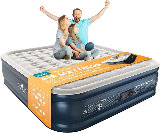 King Air Mattress, 18” Raised Inflatable Bed with Built-in Pump, Waterproof Velvety Top, Ergonomic Design, Reinforced Support, and Carry Bag for Home, Camping, and Guests
