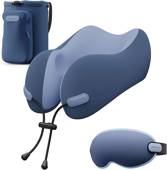 Neck Pillow for Travel Memory Foam Design Models Pillows with Zero Eye Pressure 3D Eye Mask and Compact Bag Traveling Essentials Plane Car Flight Rest Sleeping Use Adult, Blue