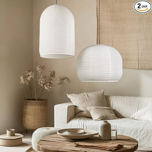 2PCS semicircular cylinder shape Hanging Fabric LampShade 18+13inch Handmade Linen Pendant Light,Minimalist Boho White Beige Lanterns for showcasem,hotel,Living Room, Bedroom deco
