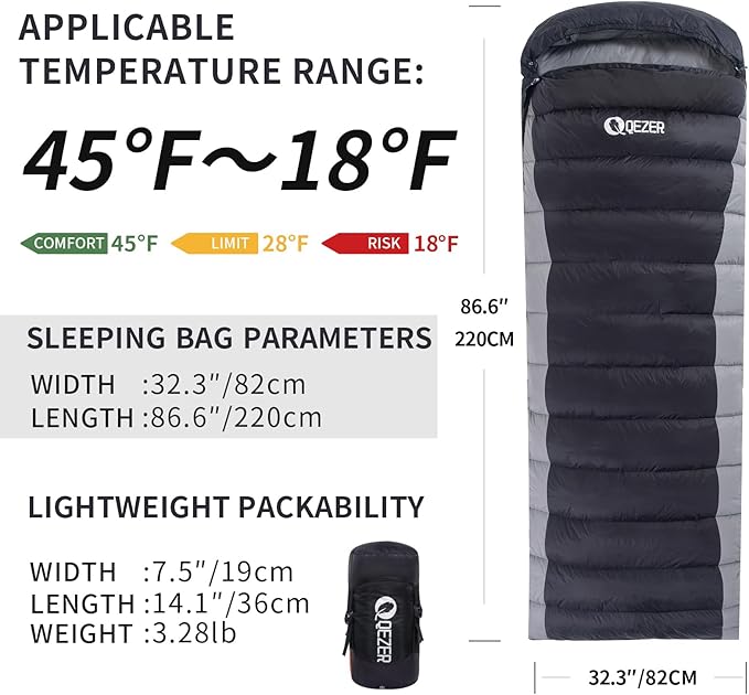 Ultralight Down Sleeping Bag for Adults - 600 Fill Power, Cold Weather, Backpacking, Camping, Hiking