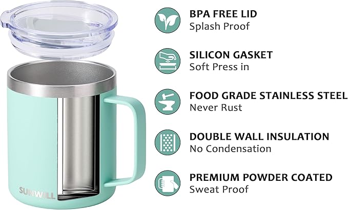 SUNWILL Insulated Coffee Mug with Lid, Travel Tumbler with Handle, 14 oz Stainless Steel Cup for Camping, Office, Home, Powder Coated Mint
