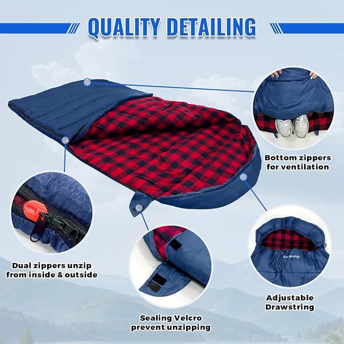 0 Degree Sleeping Bag Cotton Flannel Winter Cold Weather for Adults XXL Sleeping Bag 4 Season Big and Tall with Pillow Compression Sack