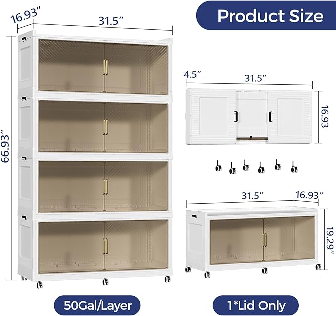 200GAL Extra Large Stackable Storage Bins with Lid, 800QT Plastic Closet Organizer and Storage Cabinet with Wheels and Doors, Folding Storage Box Container for Home Organization, 4Pack White