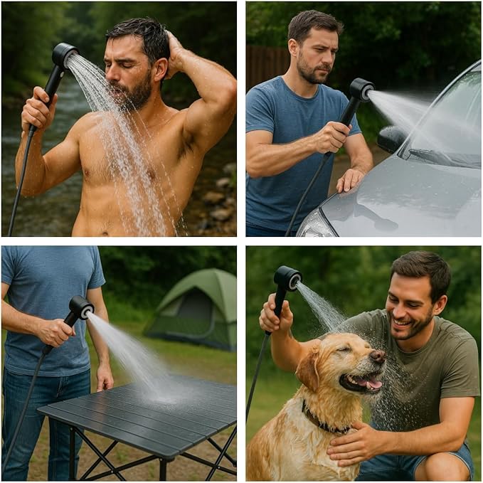 Portable Shower for Camping, Rechargeable Camping Shower with 4 Spray Modes, IPX7 Waterproof Outdoor Camp Pump for Hiking, Travel, Car, Pet