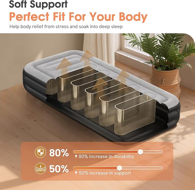 Twin Air Mattress with Built in Pump,Inflatable Mattress 2 Mins Self-Inflation/Deflation,Thicker Blow up Mattress Leak-Proof,Flocked Top Air Bed with Storage Bag for Home, Camping & Guests