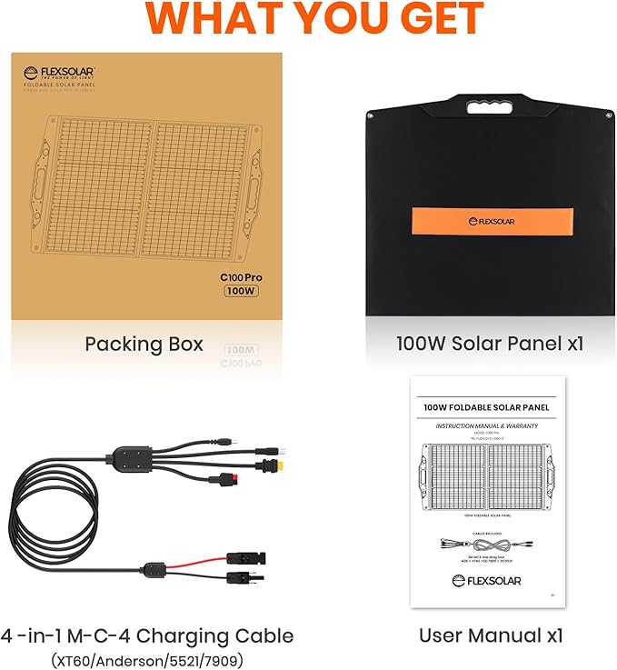 [Upgraded] FlexSolar 100W Portable Solar Panel for Power Station,Foldable Solar Charger with Adjustable Kickstand,QC3.0 USB-A/USB-C/M-C-4 Output IP67 Waterproof Solar Panels for Camping RV Emergency