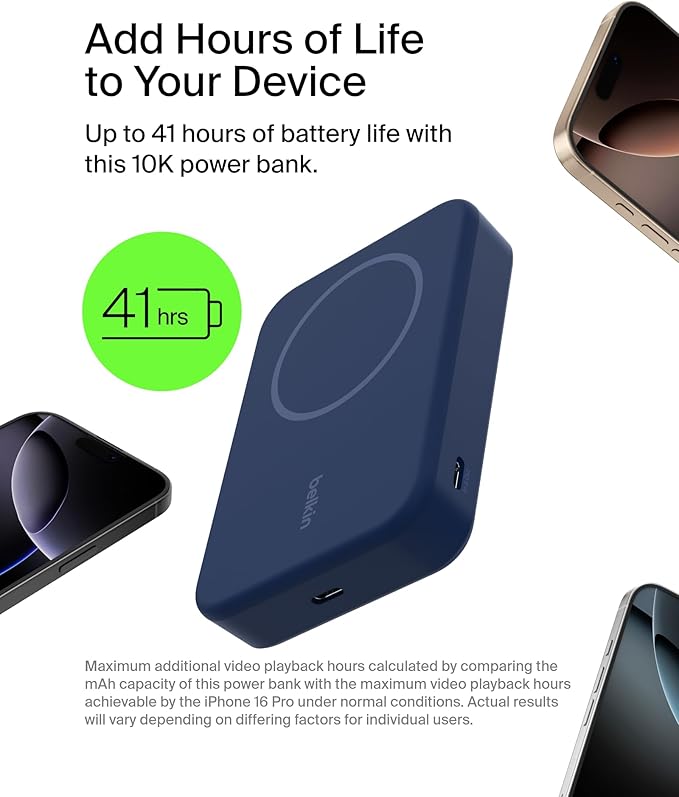 Belkin Portable Charger, Wireless Power Bank 15W 10000 mAh w/ Qi2, MagSafe Charger + Built-in Pop-up Kickstand - Compatible w/iPhone 17, Air, Pro, Pro Max, Google Pixel 10, etc. - Blue