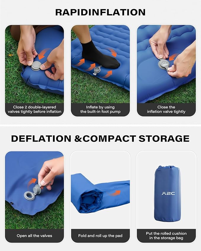 A2C Camping Sleeping Pad, Ultralight Inflatable Sleeping Pads with Built-in Foot Pump & Pillow, Compact Camping Mattress for Backpacking, Hiking, and Traveling