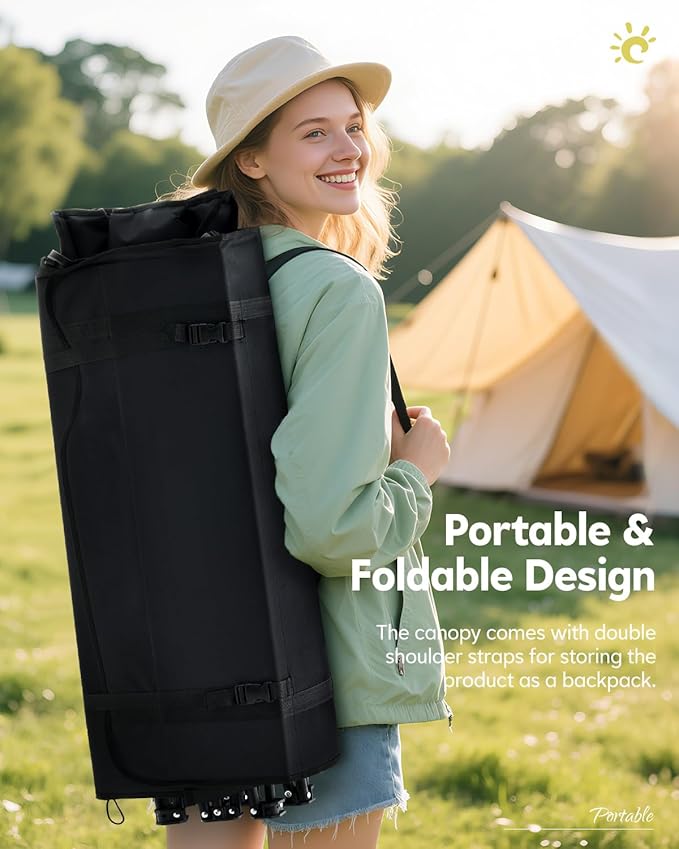 CLIPOP Double Camping Chair with Canopy, Portable Outdoor Folding Chair with Cup Holders, Side Pocket, Oversized Beach Chair with Canopy Shade for Lawn Patio Hiking, Black