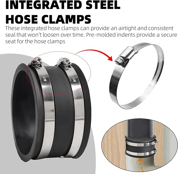TonGass (2-Pack) 4 Inches Outer Diameter Flexible Hose Cuff Coupler with Integrated 2 Dust Collection Hose Clamps, Rubber Vacuum Hoses Connector