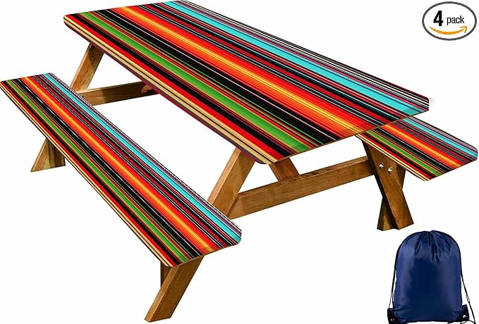 CAPSCEOLL Fitted Picnic Table Cover with Bench Covers with Elastic 6Ft Waterproof Camping Picnic Table Cover Cloths for Outdoors Camping Tablecloth with Drawstring Bag, 72X30in, Colorful Stripes