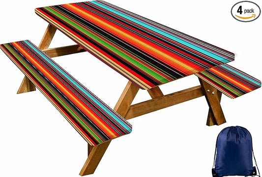 CAPSCEOLL Elastic Picnic Table Cover with Bench Covers 5Ft Waterproof Fitted Picnic Table Cover Cloths for Outdoors Camping Tablecloth with Drawstring Bag, 60X30in, Colorful Stripes