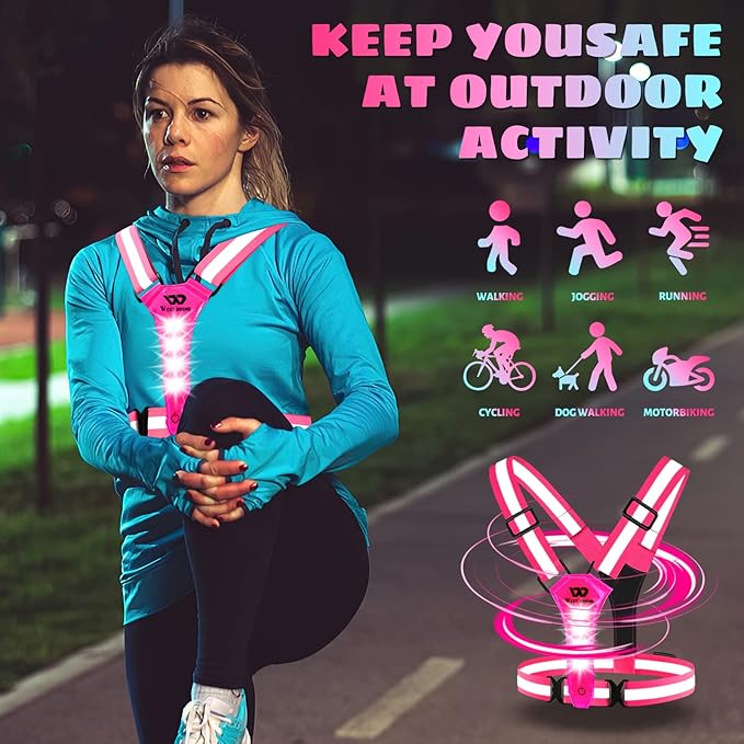 West Biking Running Vest Light - Led Running Reflective Gear for Walking at Night, High Visibility Night Rechargeable Light Up Running Vest, Adjustable Running Lights for Runners